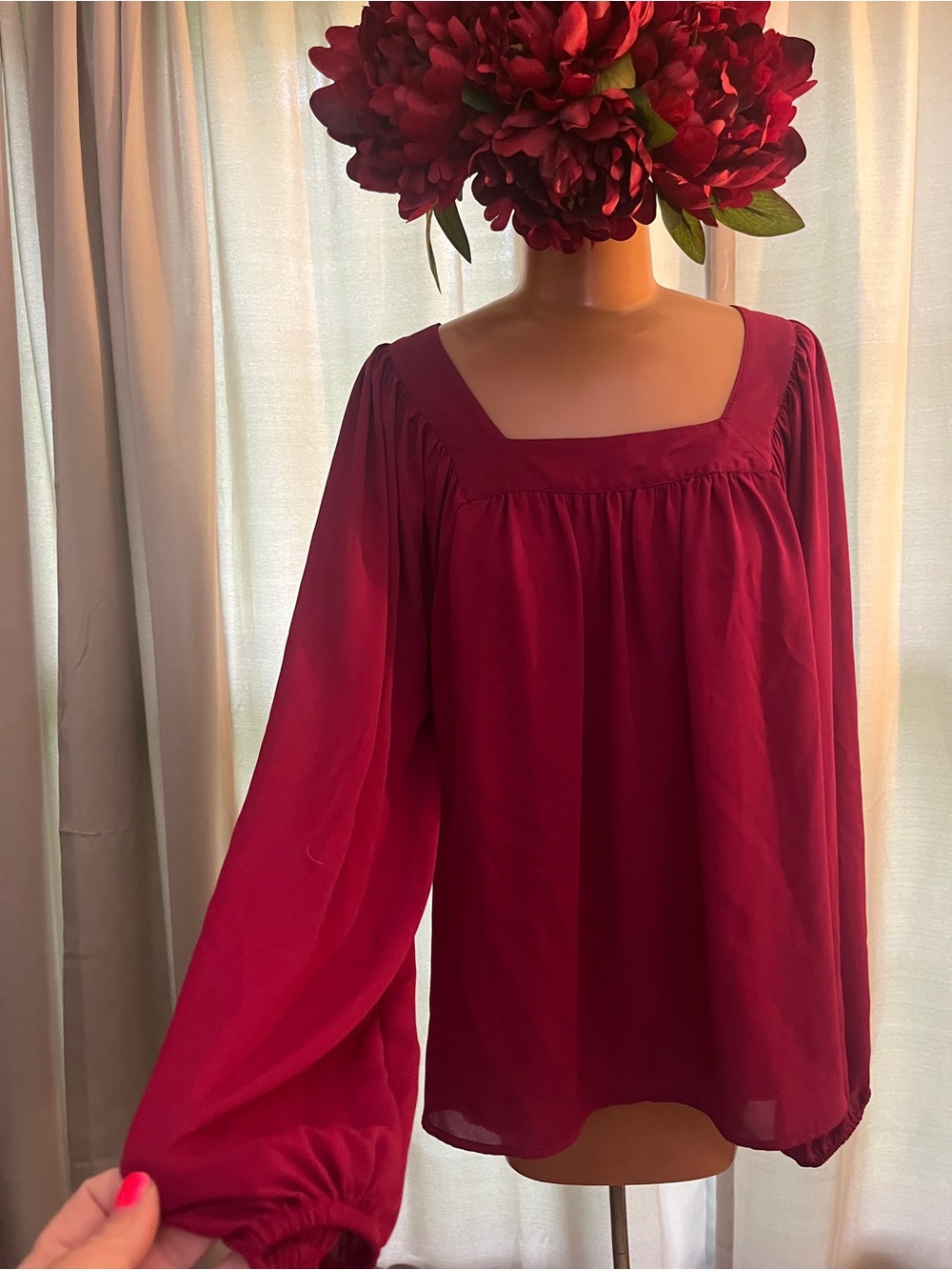 Express Square-Neck Long Sleeve Blouse - Raspberry
